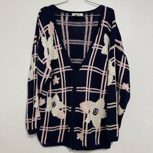 Vintage Cambridge SportsClub Women Size Medium Cardigan Floral Navy Blue Pink